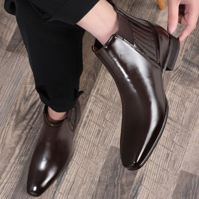 Pointed Toe Chelsea-style Boots For Men Fashion British Style Square Heel Business Formal Leather Shoes